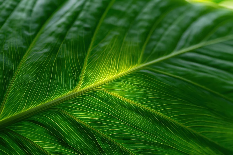 Closeup of a large tropical leaf surface showing detailed veins and texture