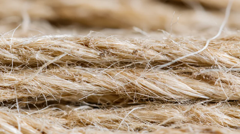 Close-up of twisted natural plant fibers in a loose bundle