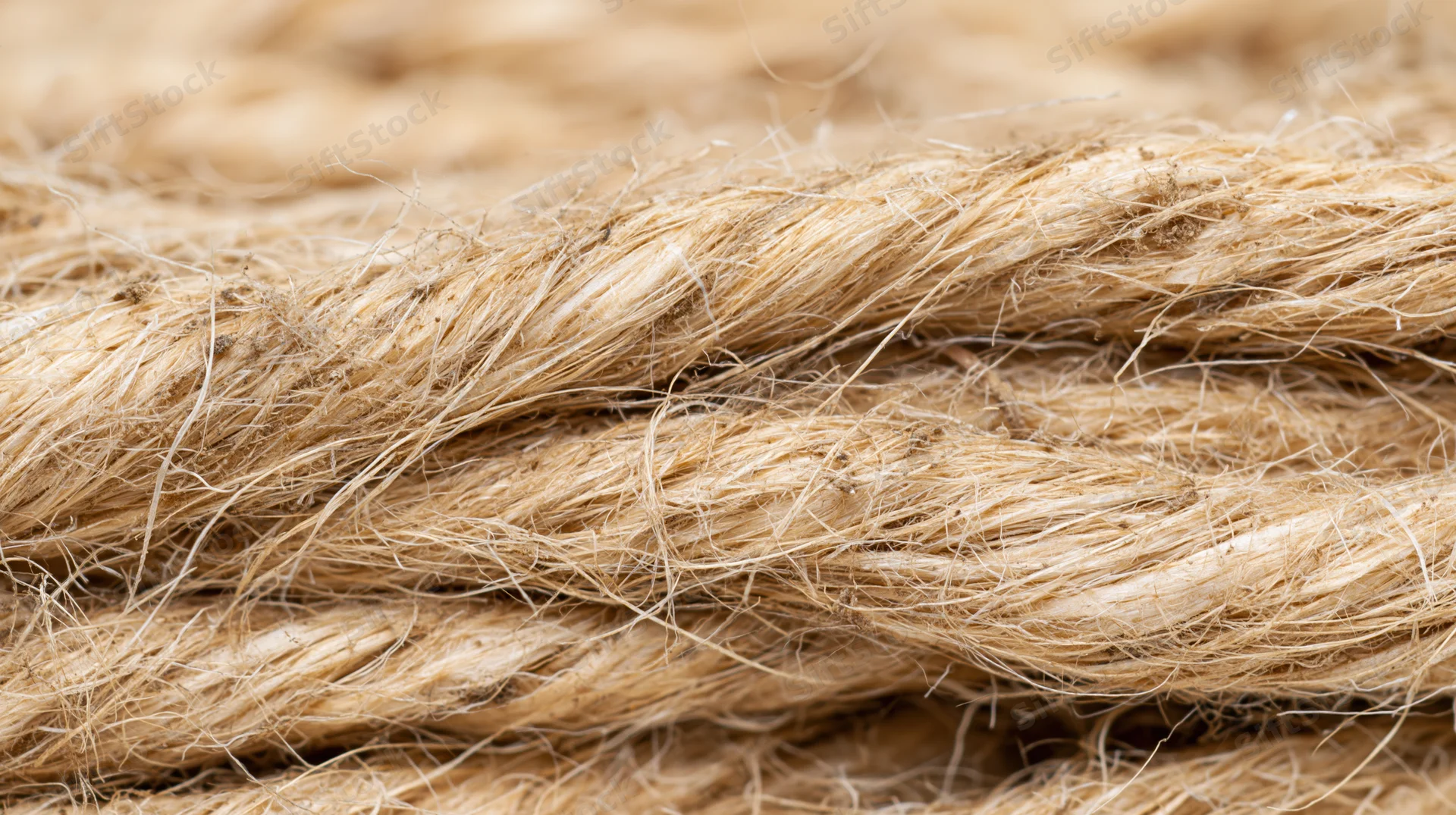 Close-up of twisted natural plant fibers forming a rope bundle