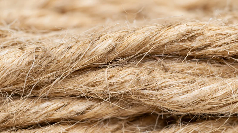Close-up of twisted natural plant fibers forming a rope bundle