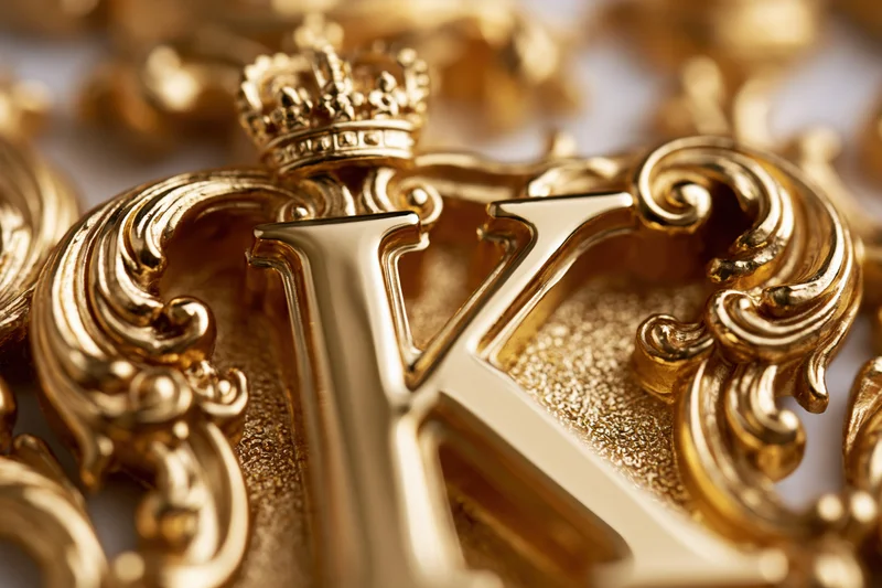 Close-up of a polished gold letter k with baroque ornament and crown, surrounded by decorative elements