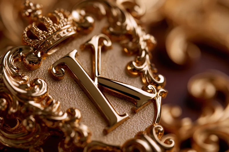 Close-up of a polished gold letter k with baroque ornament and crown on a textured surface