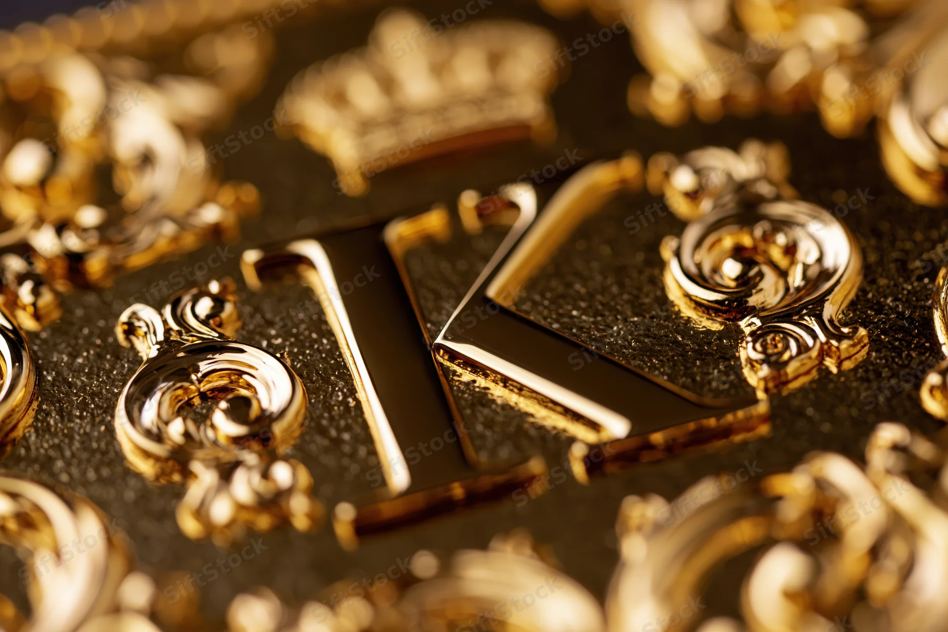 Close-up of a polished gold letter k with baroque ornaments on a black textured surface