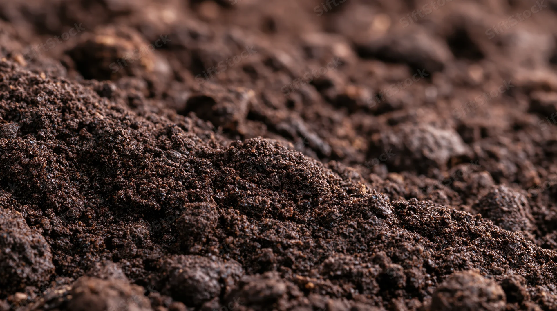 Close-up of dark tilled garden soil with rich organic texture