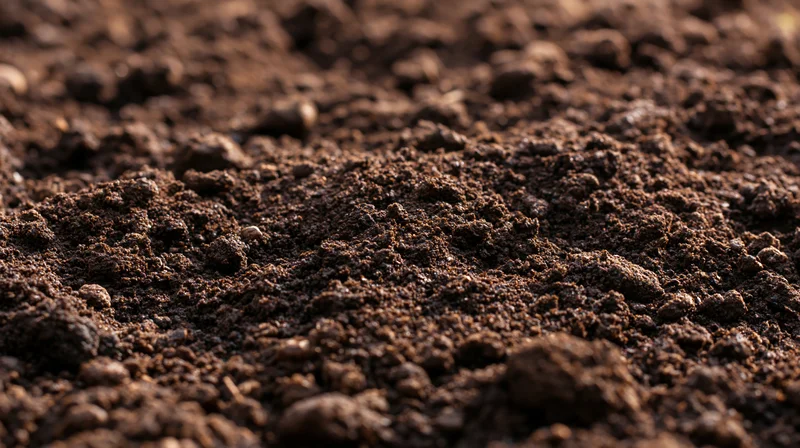 Closeup of freshly tilled dark garden soil with rich texture and organic matter