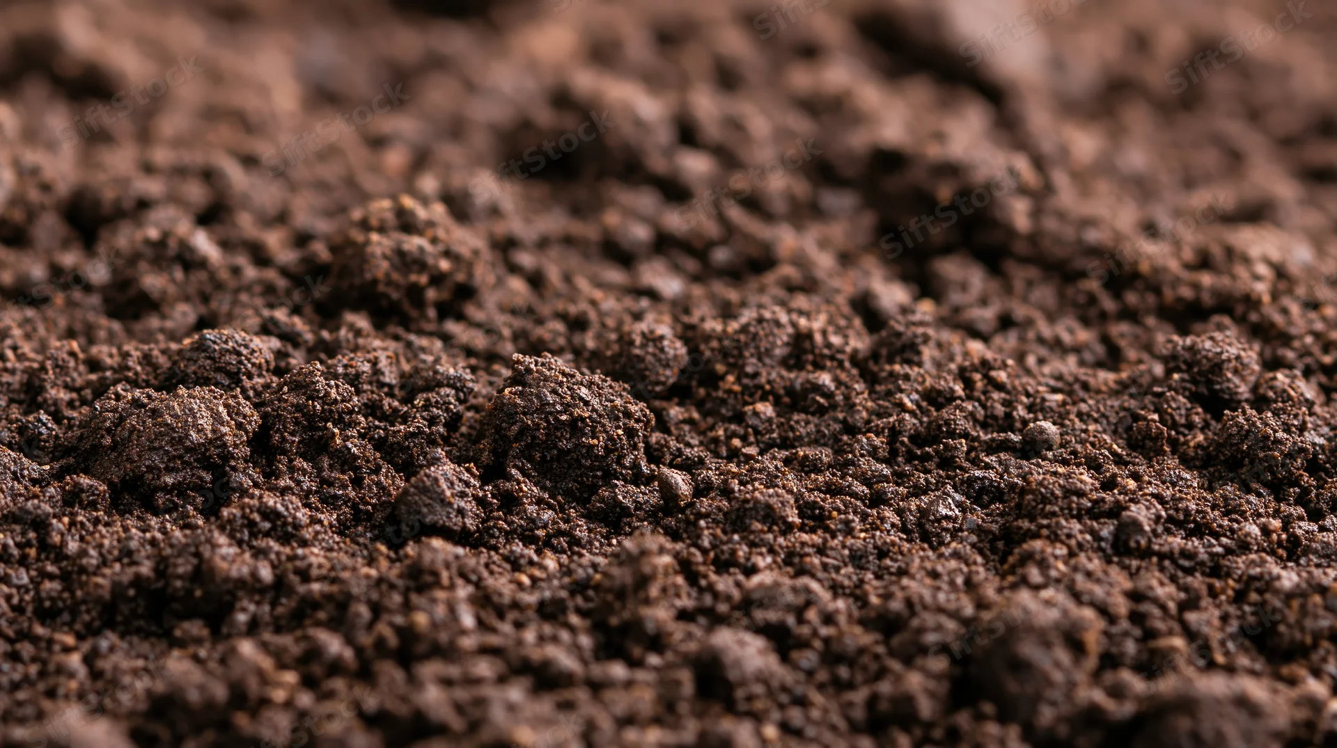 Close-up of dark garden soil with rich texture and clods showing organic matter and fertility