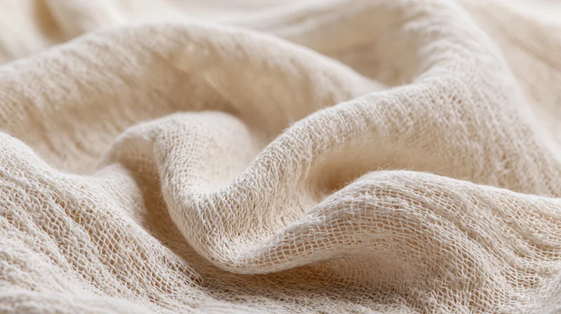 Close-up of loosely woven beige gauze fabric with soft folds and visible mesh texture