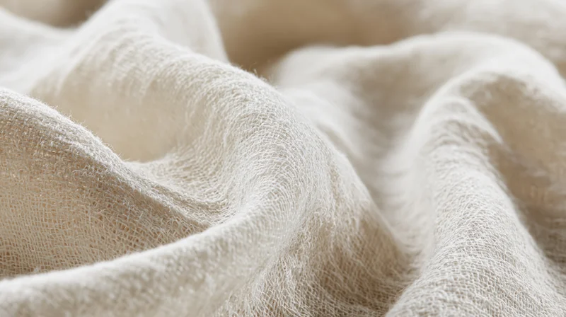 Close-up of loosely woven gauze fabric with soft folds and natural texture