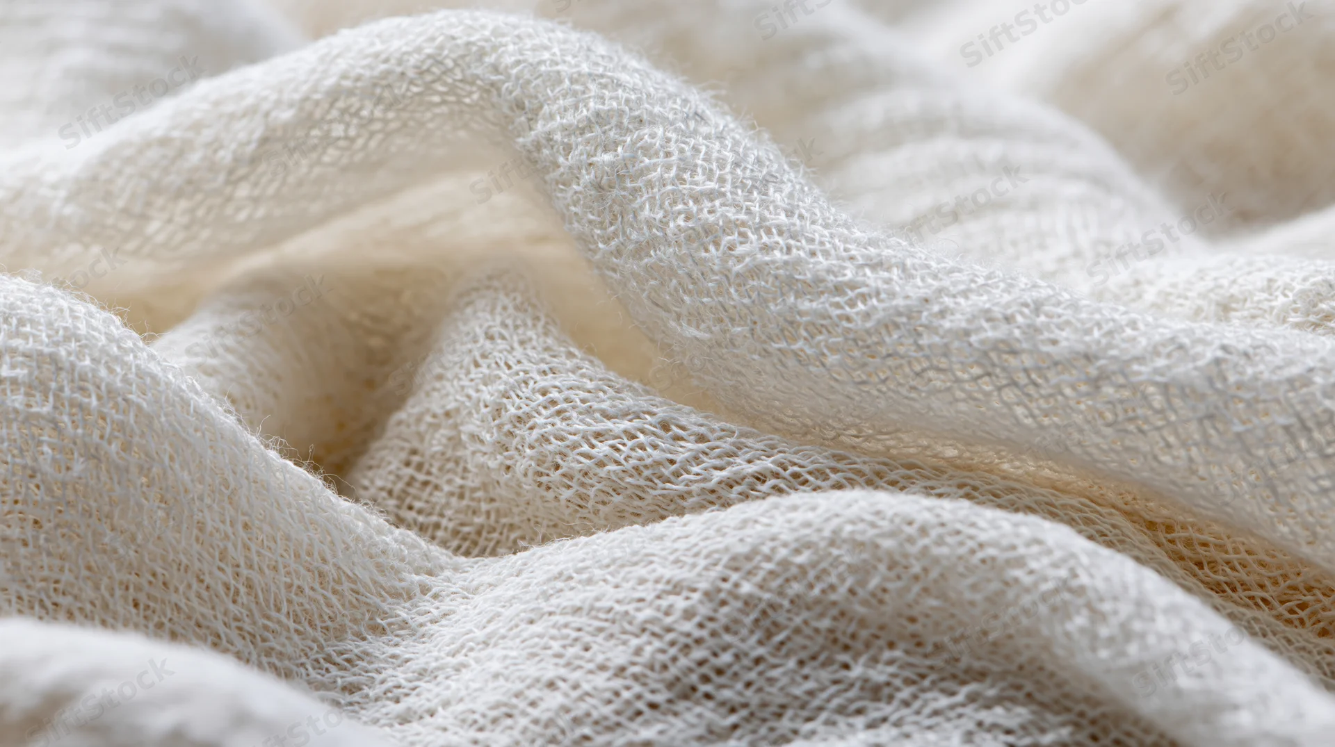 Close-up of loosely woven white gauze fabric with soft folds and visible texture