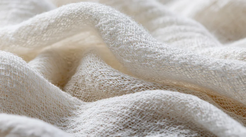 Close-up of loosely woven white gauze fabric with soft folds and visible texture
