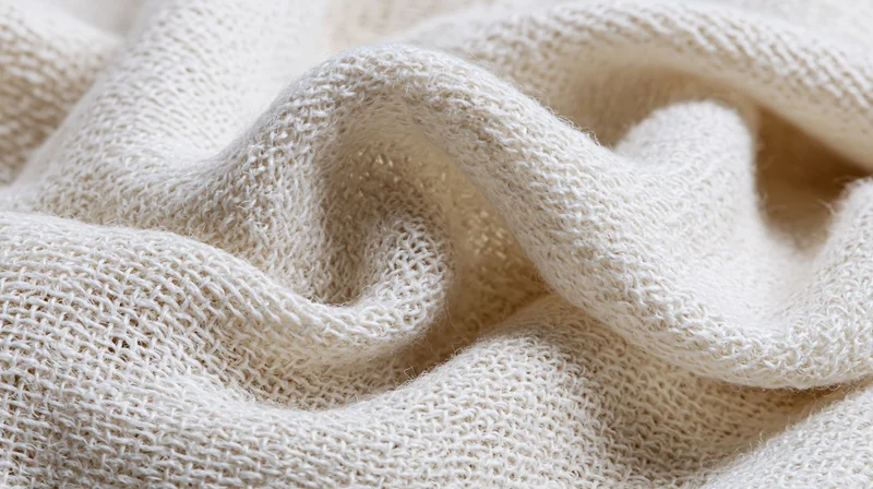 Close-up of loosely woven beige gauze fabric with soft texture and natural folds