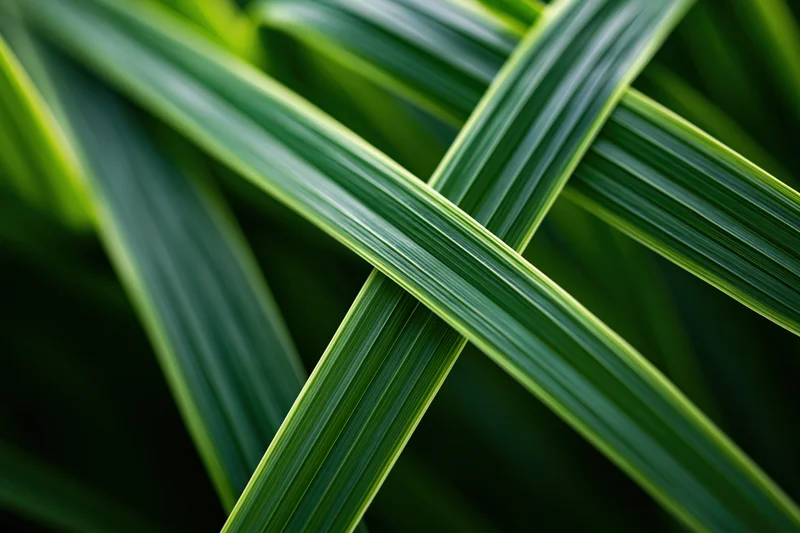 Close-up of overlapping green leaves arranged diagonally in a natural setting