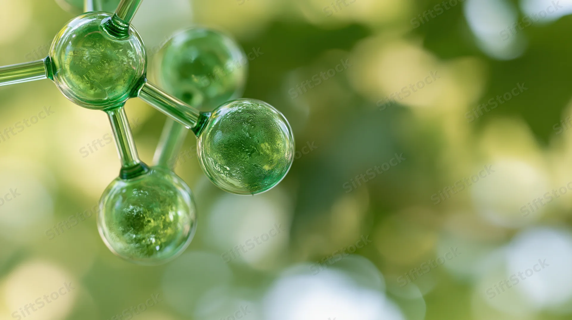 Close-up of a glass molecular model structure against a blurred green natural background