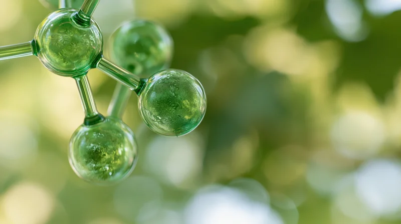 Close-up of a glass molecular model structure against a blurred green natural background