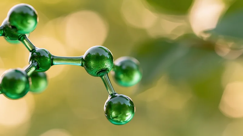 Glass molecular model structure with green spheres and rods against blurred foliage background
