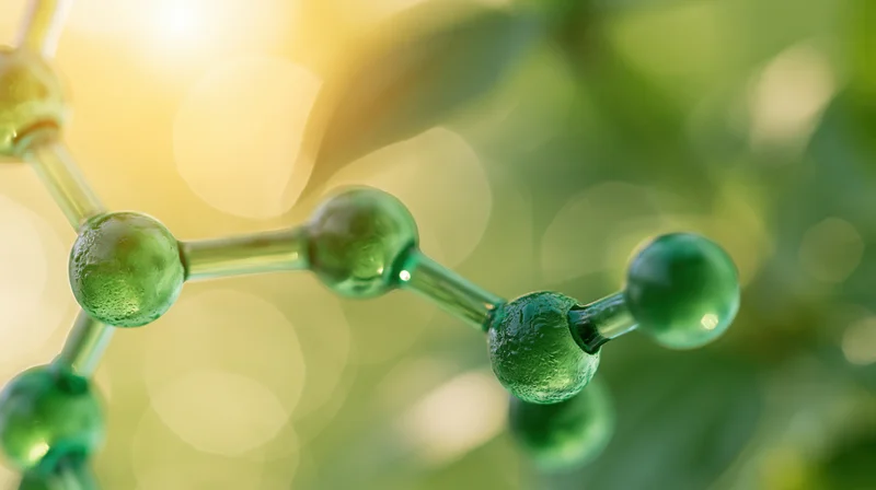 Close-up of a glass molecular model structure with interconnected spheres against a blurred green and yellow bokeh background