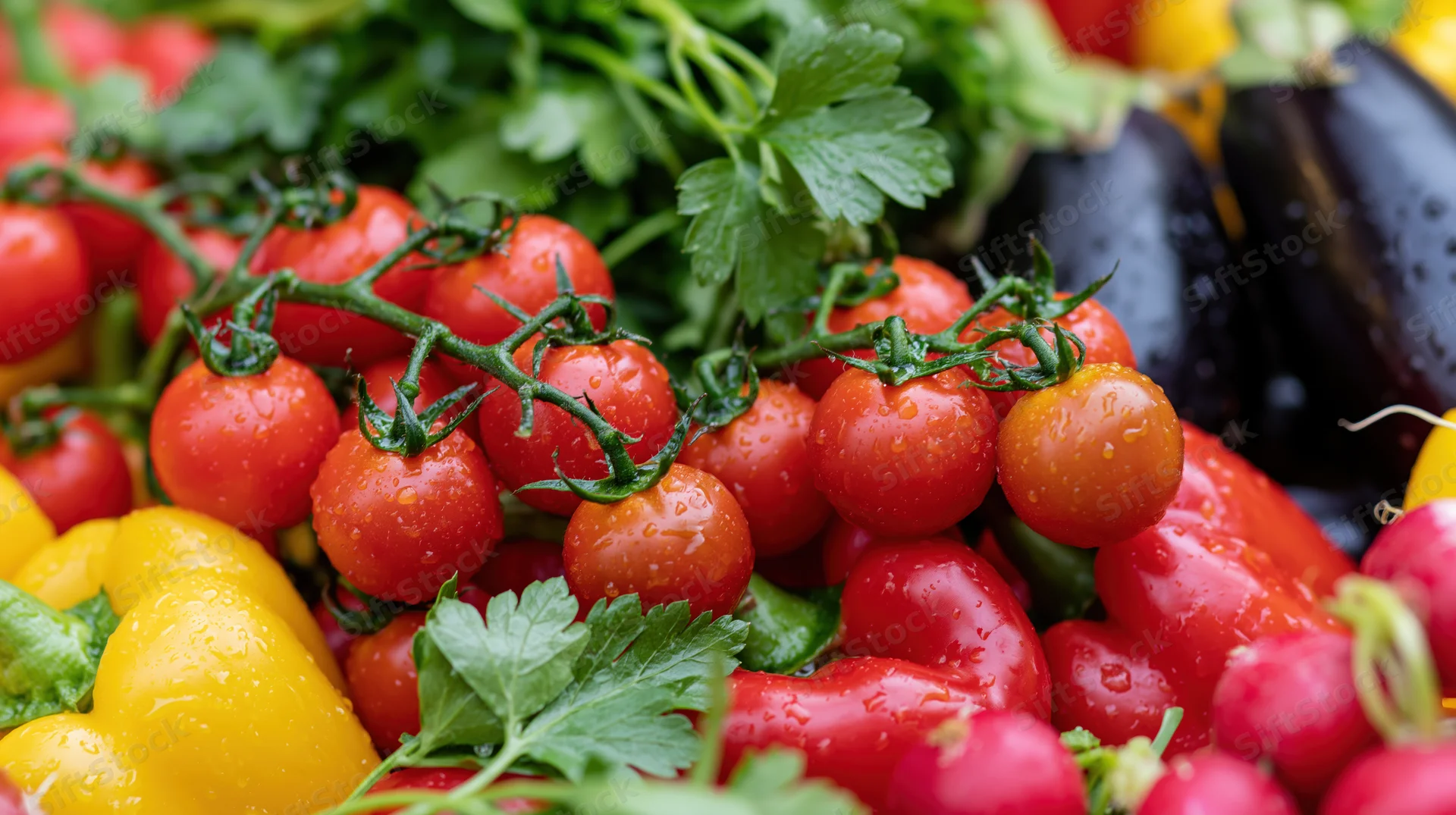 Cherry tomatoes on the vine with peppers, eggplant, radishes and parsley in a fresh market pile