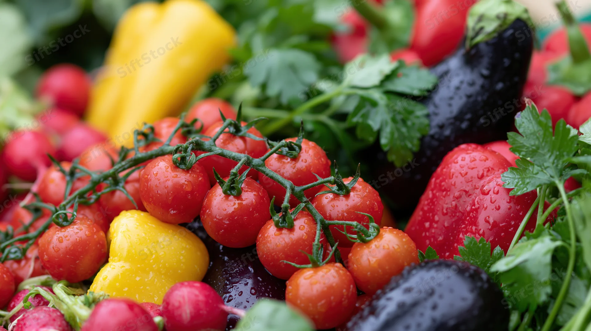 Cherry tomatoes on the vine with peppers, eggplants, radishes and parsley in a fresh market pile