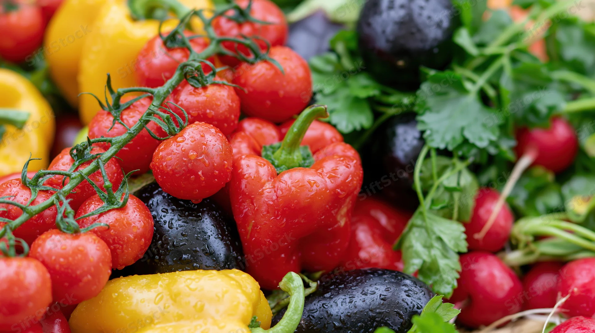Close-up of cherry tomatoes, peppers, zucchini, radishes and cilantro piled together, glistening with water droplets