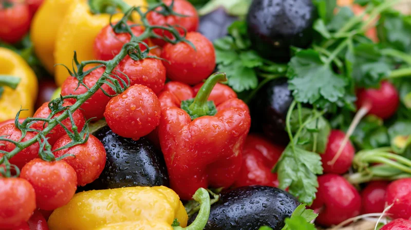 Close-up of cherry tomatoes, peppers, zucchini, radishes and cilantro piled together, glistening with water droplets