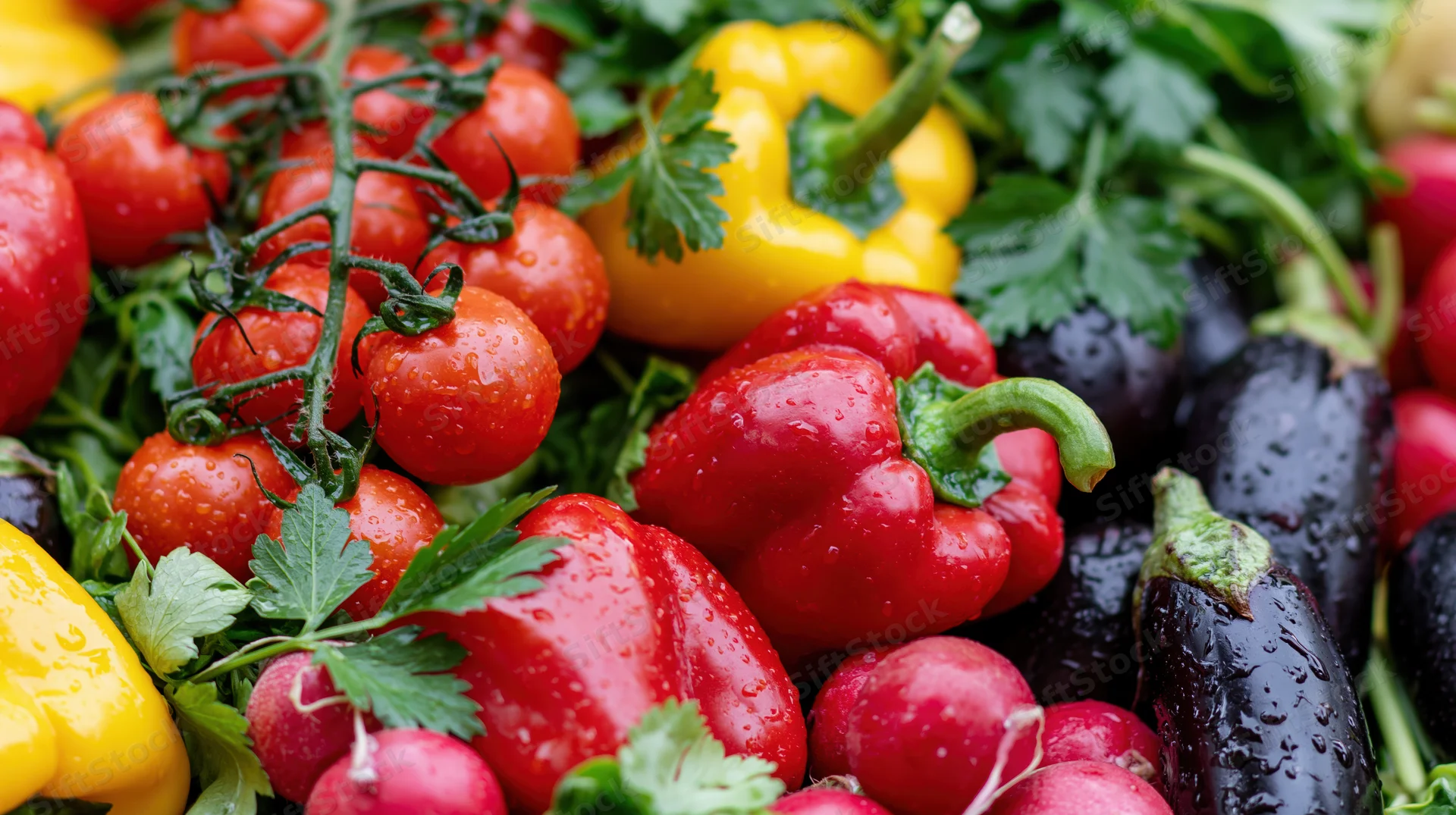 Close-up of fresh market vegetables including cherry tomatoes, peppers, eggplant, radishes and parsley