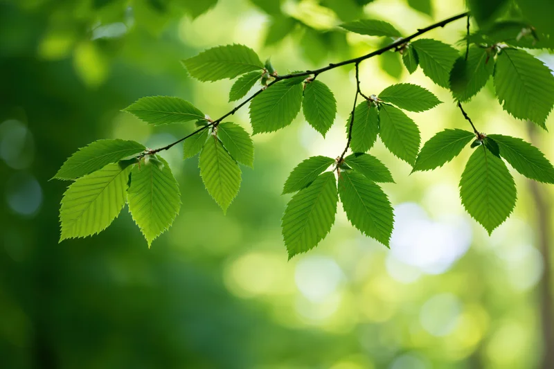 Closeup of fresh green beech leaves on a slender branch in a sunlit forest setting