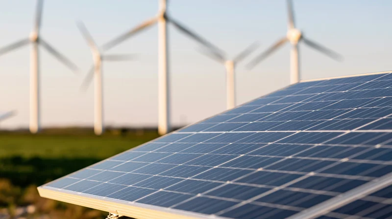 Solar panel array in foreground with wind turbines in background on open field