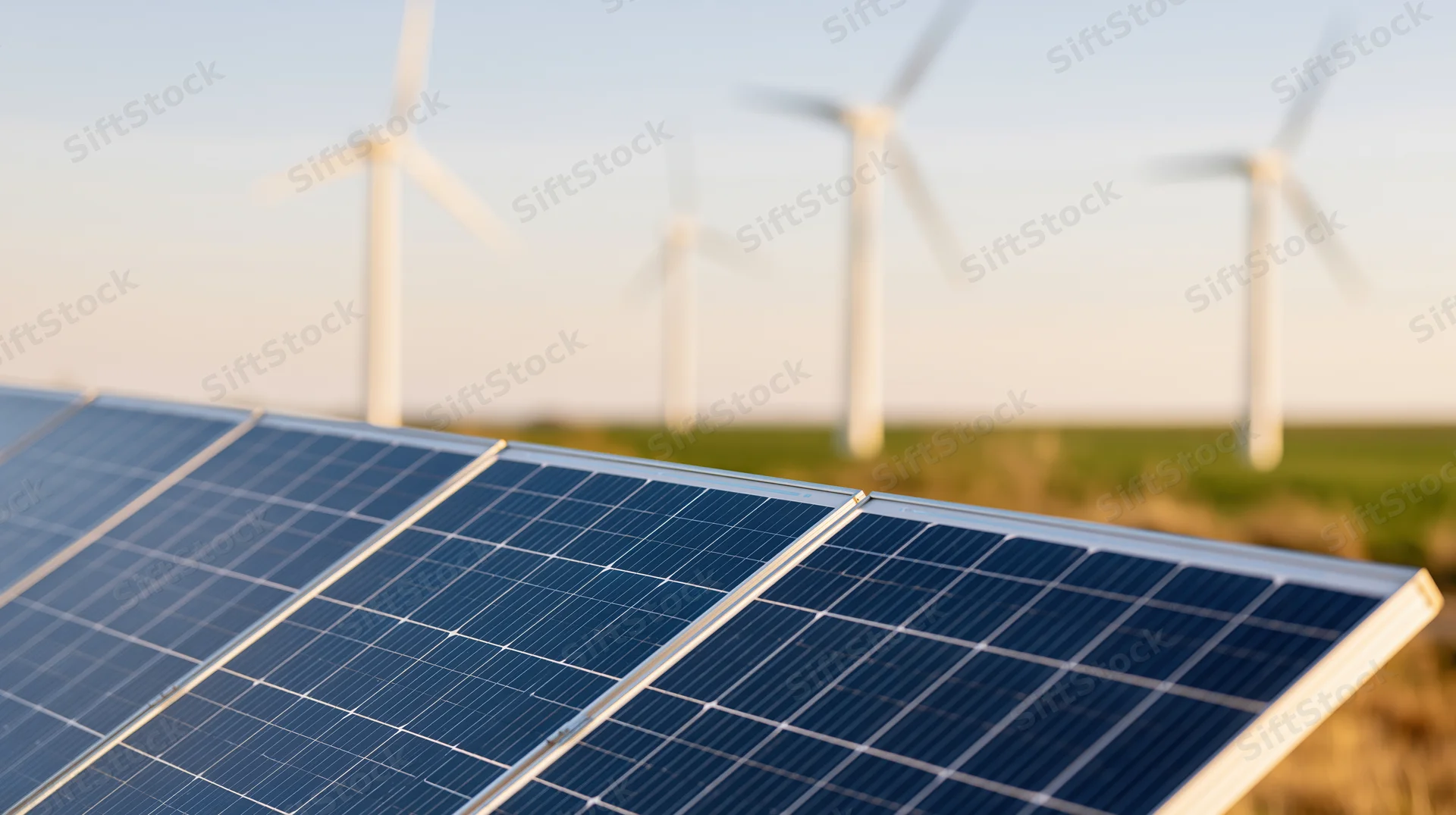 Solar panels in a field with wind turbines in the background during golden hour
