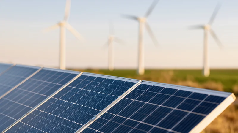 Solar panels in a field with wind turbines in the background during golden hour
