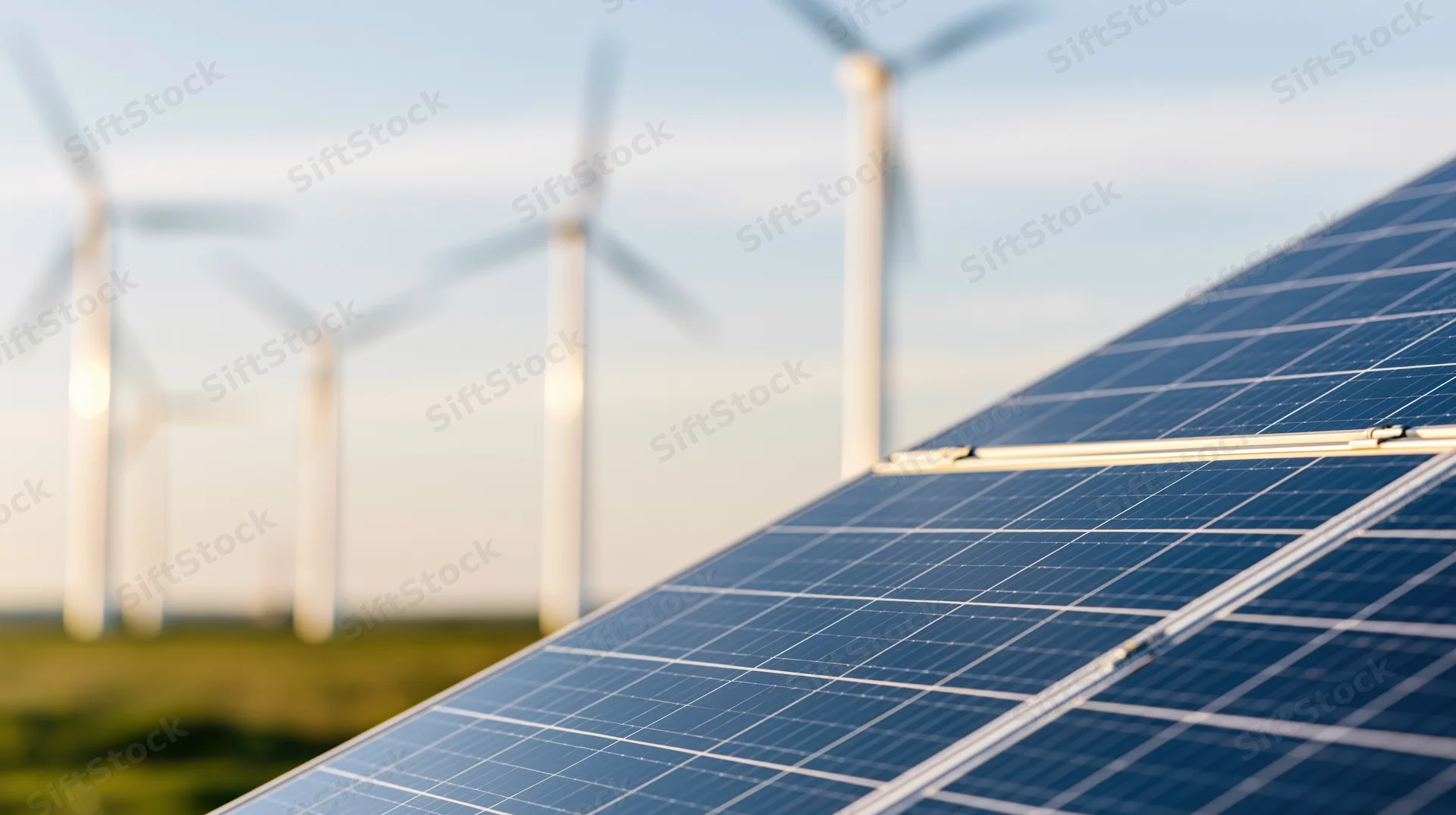 Solar panel array in foreground with wind turbines in background on open field