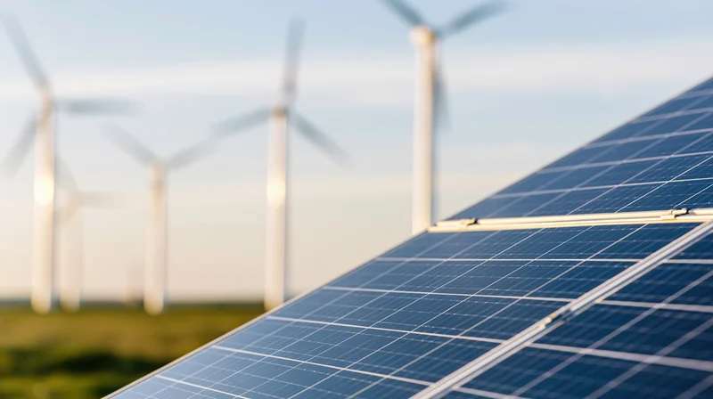 Solar panel array in foreground with wind turbines in background on open field
