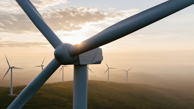 Close-up of wind turbine nacelle and blades on a hillside at sunset