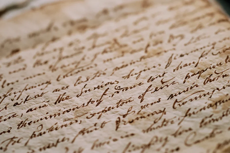 Close-up of aged handwritten manuscript page with cursive script in brown ink on textured parchment paper