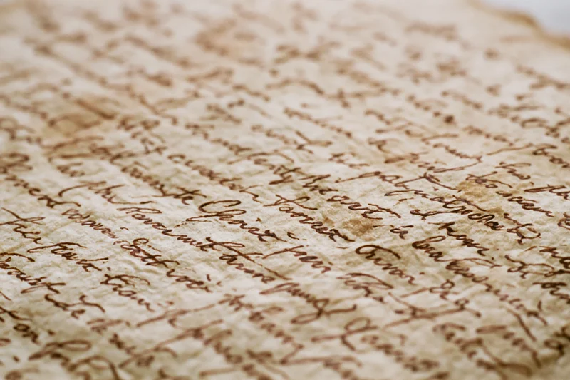 Close-up of aged handwritten manuscript page with flowing cursive script on parchment paper