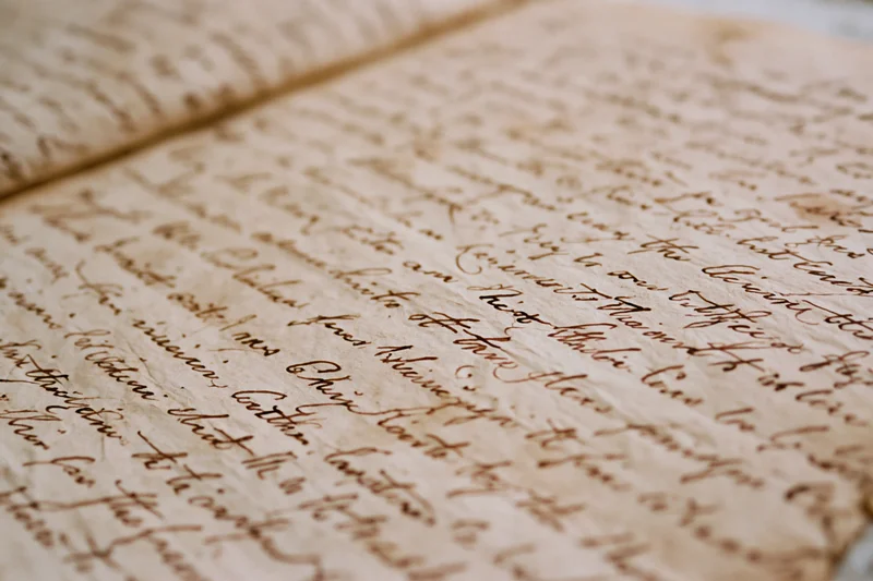 Close-up of aged handwritten manuscript page with flowing cursive script on parchment paper