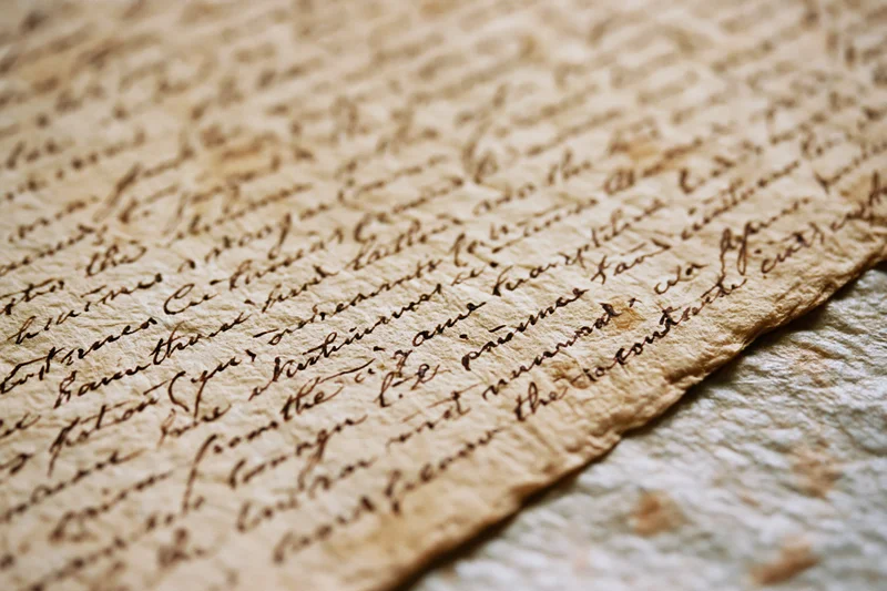 Close-up of aged handwritten manuscript page with cursive script on textured parchment paper