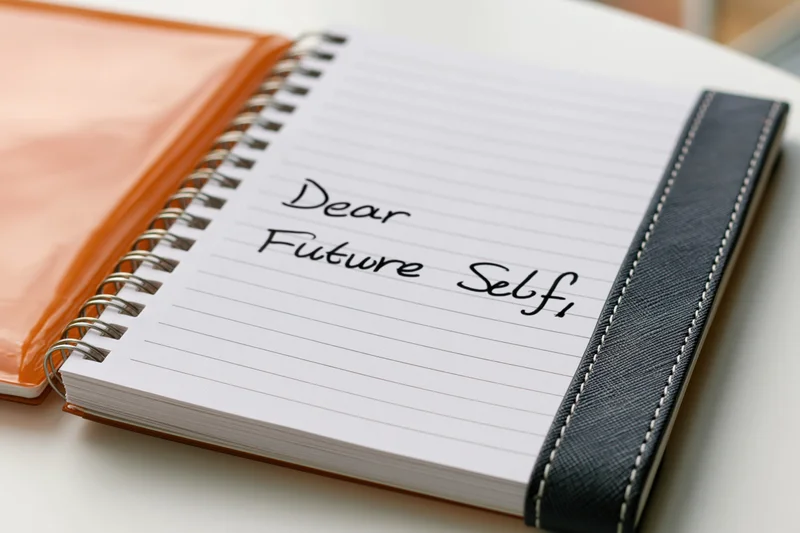 Open spiral notebook with handwritten note reading dear future self on lined page