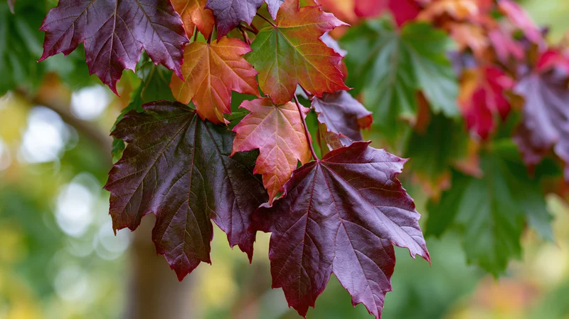 Close-up of maple leaves in autumn colors on a branch outdoors