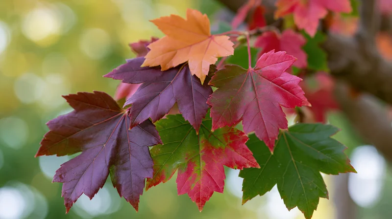 Close-up of colorful maple leaves in autumn on a branch with blurred green background
