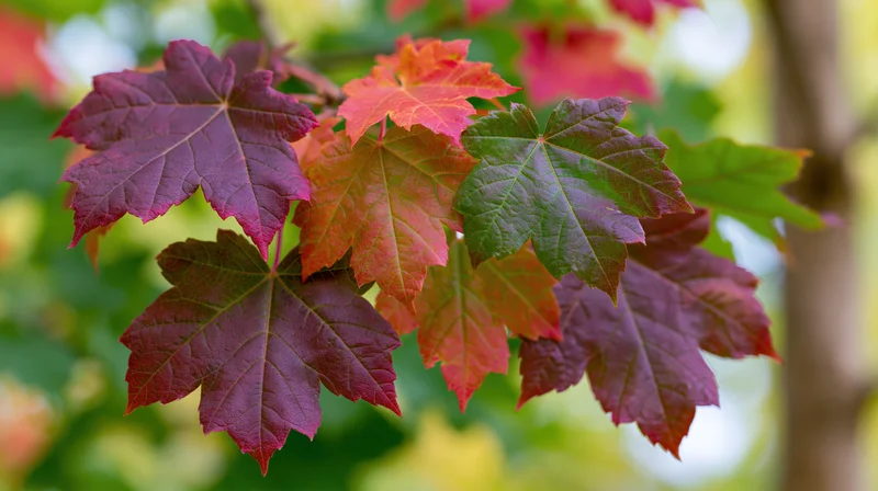 Close-up of maple leaves in autumn colors clustered on a branch outdoors