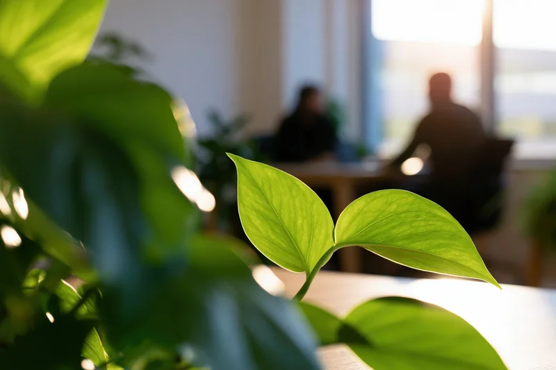 Close-up of bright green pothos leaves in sharp focus with blurred office workers at desk in background