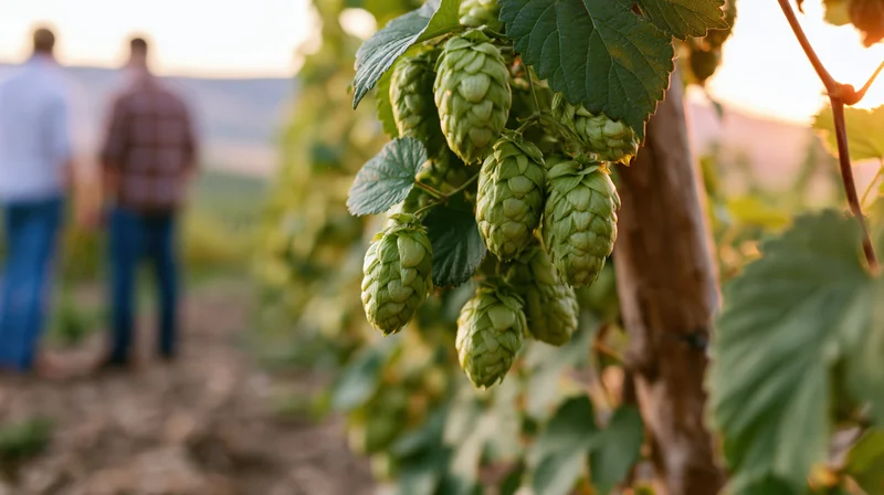 Close-up of green hop cones and leaves on a vine in a field with two men standing in the background