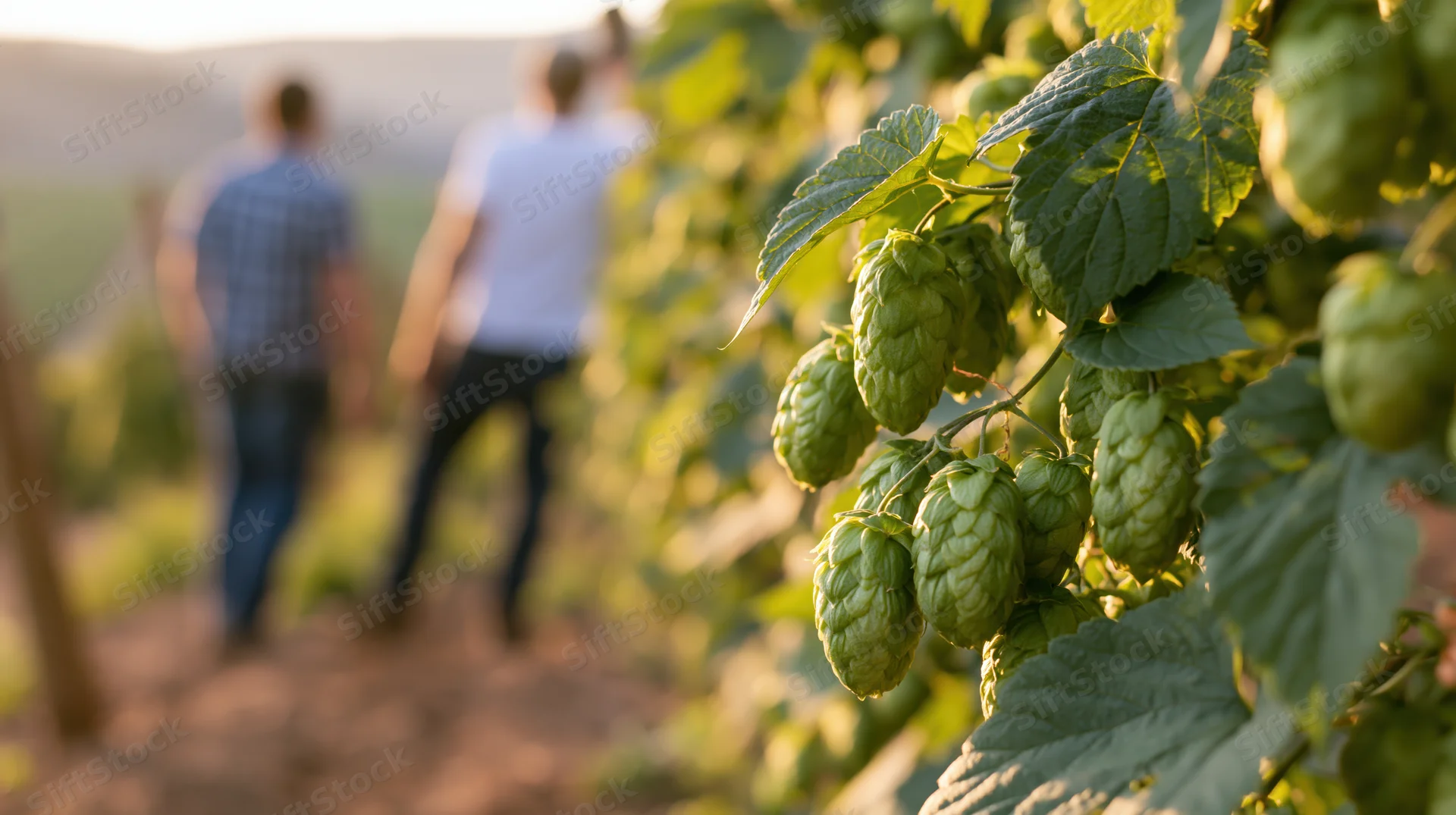 Close-up of green hop cones on a vine with people walking in a field behind