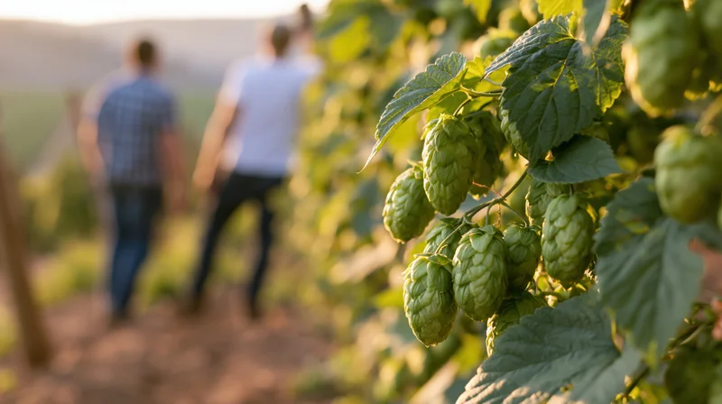 Close-up of green hop cones on a vine with people walking in a field behind