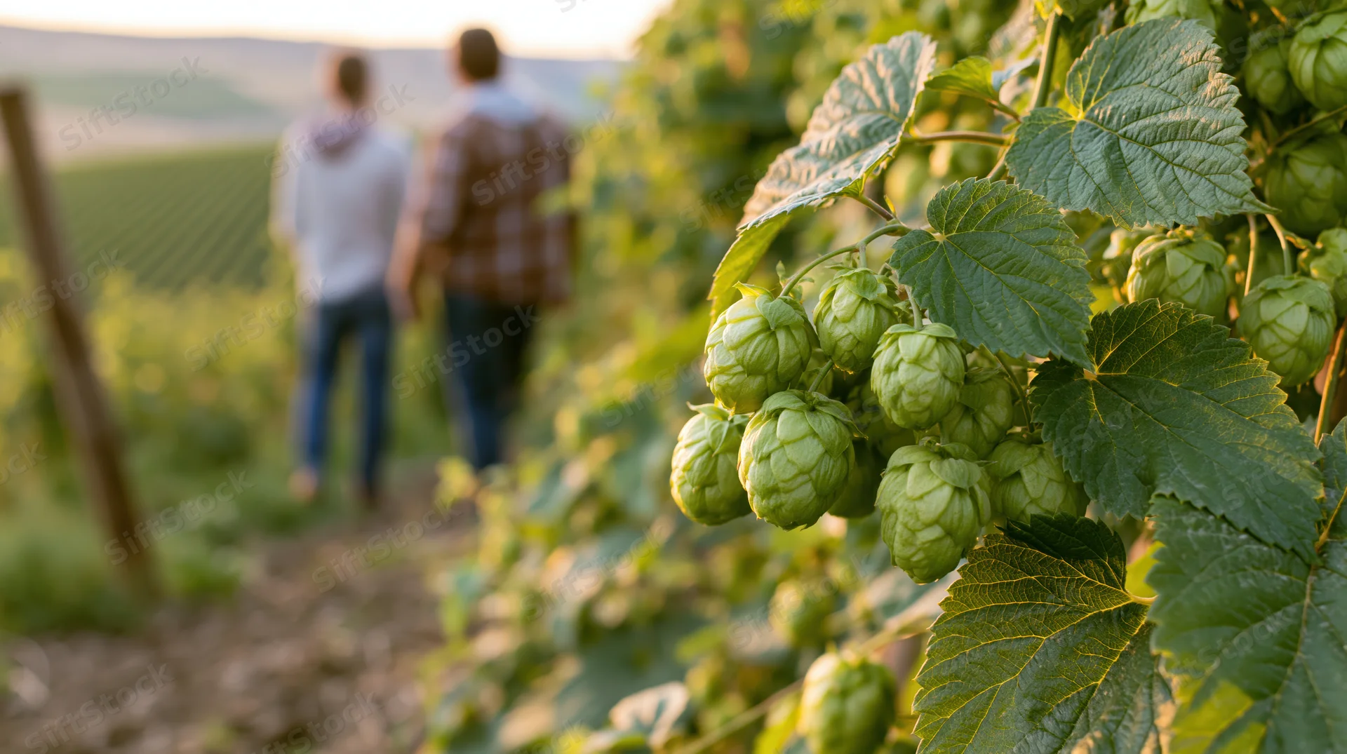Close-up of green hop cones and leaves on a vine with a couple walking along a path in a farm field in the background