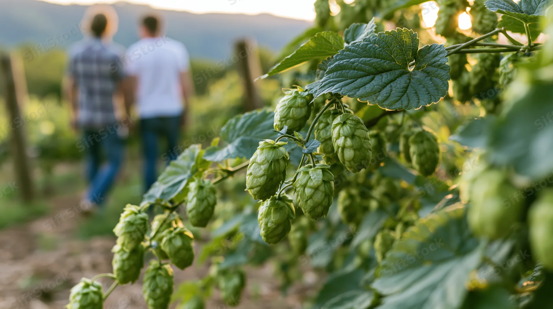 Close-up of green hop cones and broad leaves on a vine in a field with a couple walking away in the background