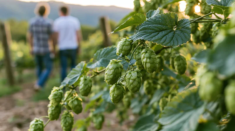 Close-up of green hop cones and broad leaves on a vine in a field with a couple walking away in the background