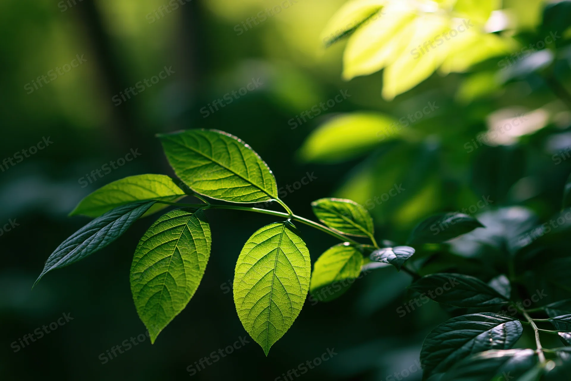 Close-up of a green leafy branch with visible veins illuminated by sunlight in a natural outdoor setting