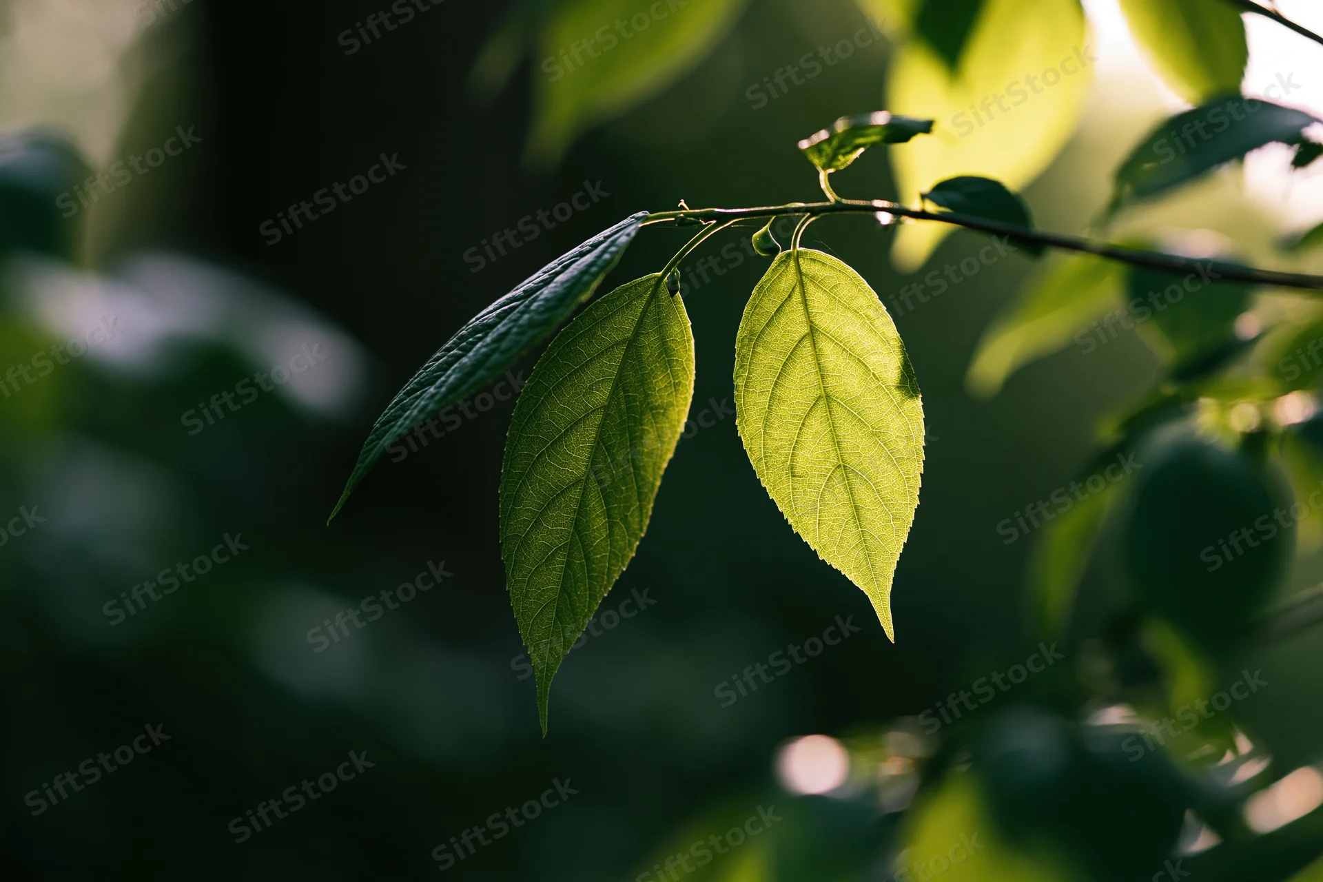 Close-up of green leaves on a branch backlit by sunlight in a natural setting