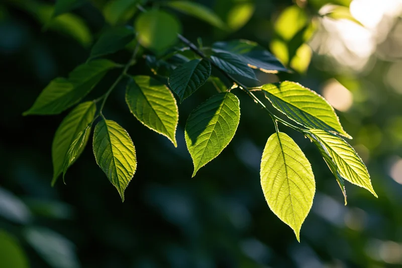 Close-up of green leaves on a branch illuminated by sunlight in a natural outdoor setting